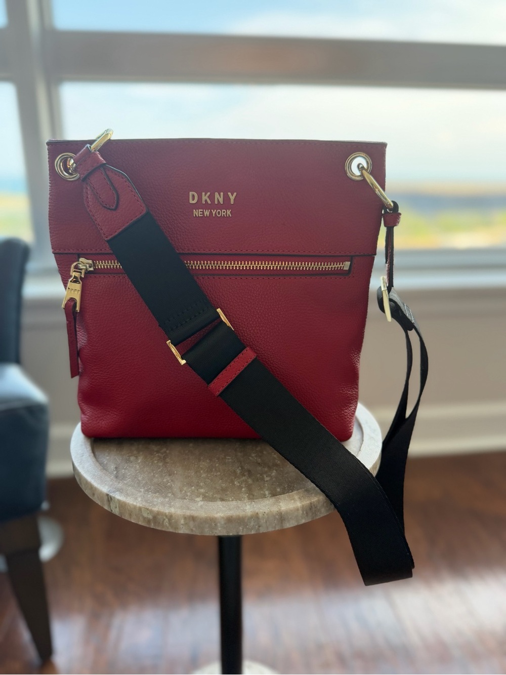 DKNY Red Leather Maxine Messenger Crossbody Bag